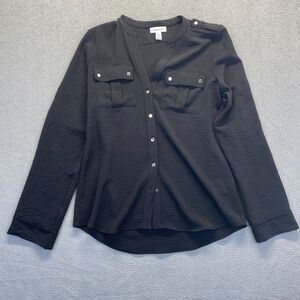 Calvin Klein Women Blouse Top Black Small Silver Buttons,Long Sleeve,Pockets